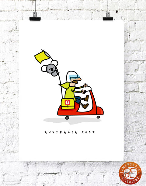 australia Post souvenir print featuring a postie and a koala an a motor bike