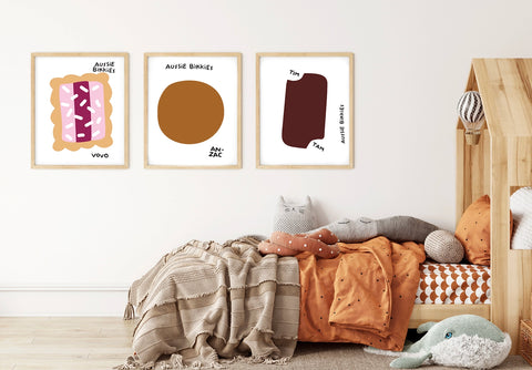 3 prints -featuring 3 types of famous Australian cookies- on the wall of a children bedroom