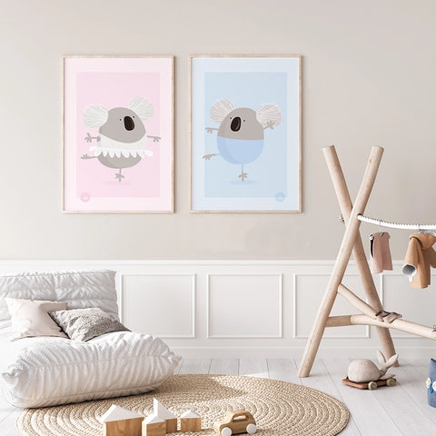 cute australian nursery decoration pink and blue koala art prints frames dressed like ballet dancers