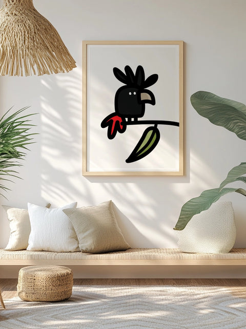 souvenir print framed featuring a red tailed black cockatoo on a gum tree branch in bold style