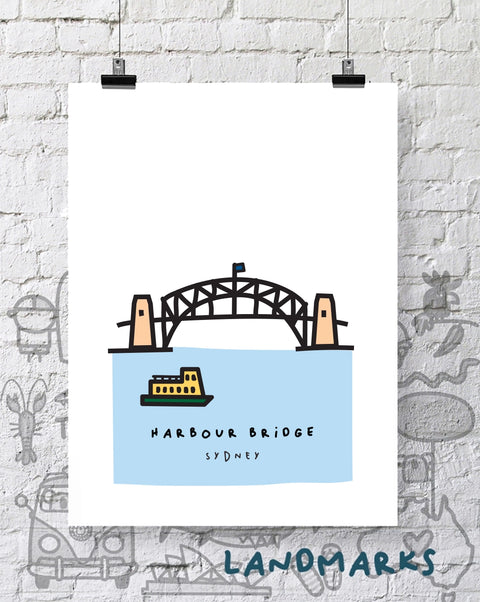 art souvenir print of Sydney Harbour bridge and ferry in a bold style 