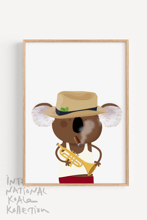 Art Print souvenir featuring a cuban koala smoking a Cuban cigar and holding a trumpet