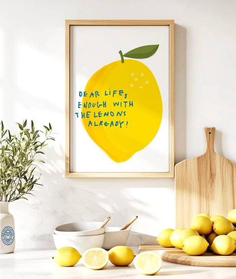 fun kitchen print featuring a yellow lemon in a minimalist style