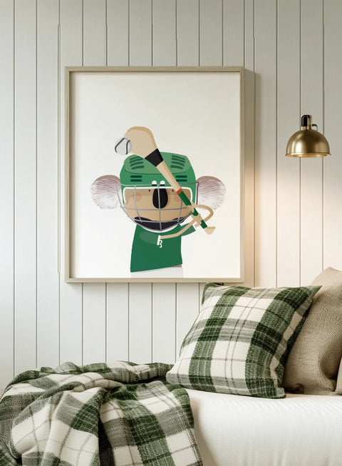 Koala Irish hurling player, a framed Art print hanging on the living room wall