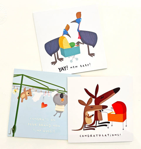 Three cool Australia-themed cards for greeting Baby shower and new born