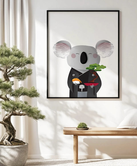 Room decorated in Japanese style with a black-framed picture featuring a print of a koala wearing traditional Japanese clothing, holding sushi in one paw and a bonsai in the other."



Room decorated in Japanese style with a black-framed picture featuring a print of a koala wearing traditional Japanese clothing, holding sushi in one paw and a bonsai in the other."


 black-framed picture featuring a print of a koala wearing traditional Japanese clothing, holding sushi and a bonsai 






