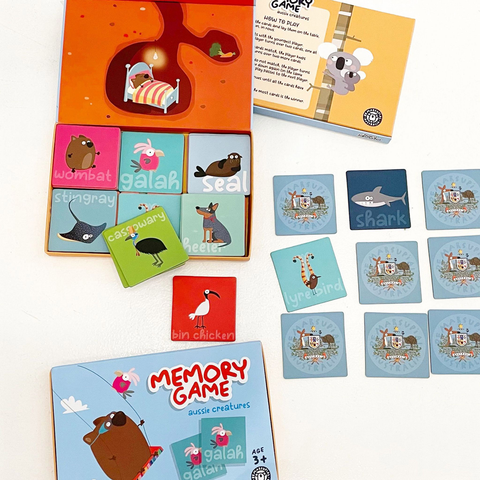 memory game colourful box featuring australian animals, kangaroo, koala, wombat, cockatoo