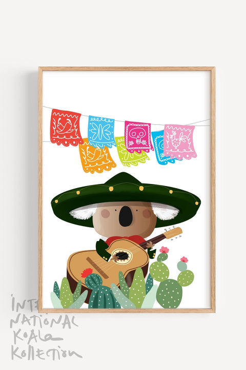 a framed souvenir print with a  Mexican koala playing guitar in Australia