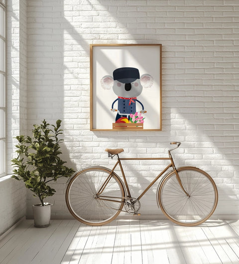 hall decoration framed souvenir print koala riding a bicycle, dressed in traditional Dutch clothing