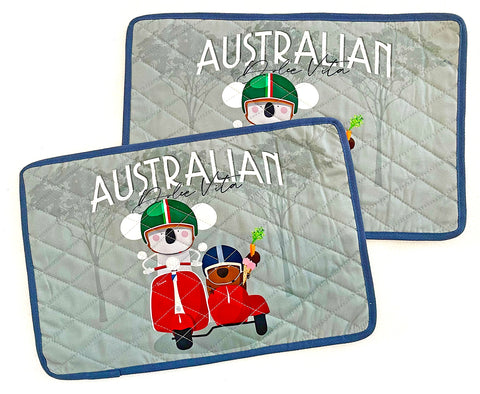 2 fabric souvenir placemat featuring a koala and wombat on a sidecar