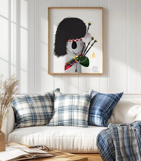 souvenir art print featuring a koala dressed as a Scottish bagpiper, playing the bagpipes in Australia.