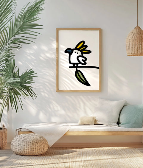 art print framed featuring  a sulphur crested cockatoo on a gum tree branch in bold style