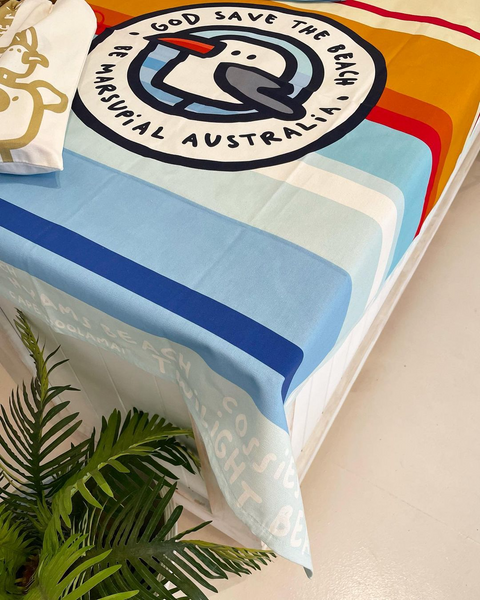 table cloth with a seagull and the name of best australian beaches