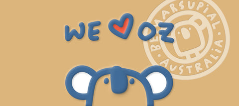 Be marsupial logo and koala with the text we love oz on kraft colour background