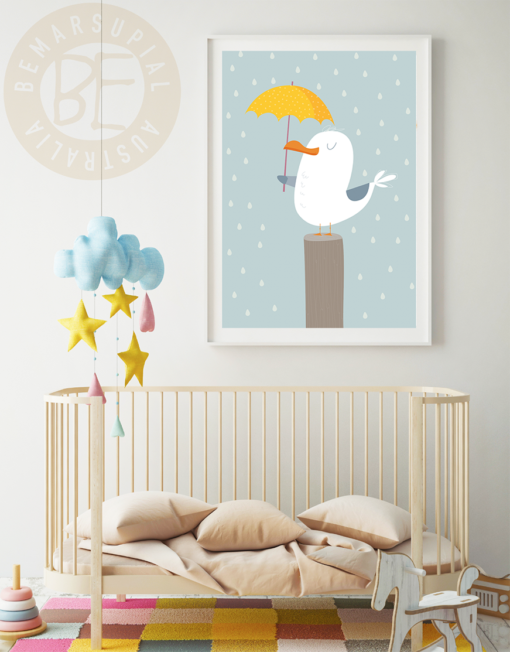 seagull with umbrella under the rain nursery print